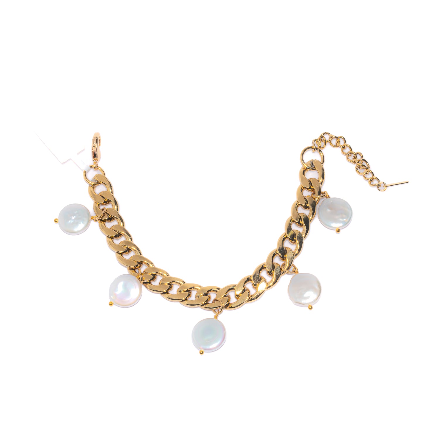 PULSERA DE ESLABONES DORADOS CON DIJES DE PERLAS REDONDAS COLGANTES