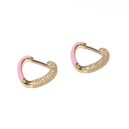 ENAMEL PINK HEART PAVE HOOPS