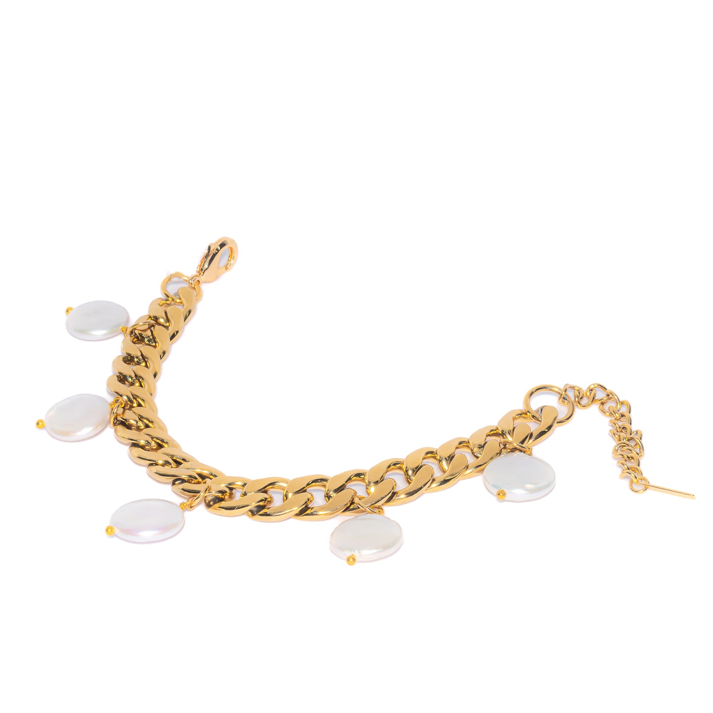 PULSERA DE ESLABONES DORADOS CON DIJES DE PERLAS REDONDAS COLGANTES